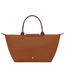 Load image into Gallery viewer, Longchamp Le Pliage Original L Top Handle Bag with brown leather handles and flap back view showing snap