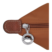 Load image into Gallery viewer, close up of silver color zipper pull with Longchamp logo