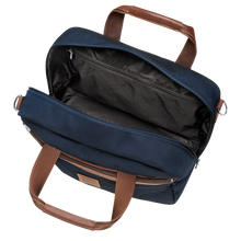 Load image into Gallery viewer, Longchamp Boxford Small Travel Bag in Blue with brown leather strap and handles and silver hardware showing black interior