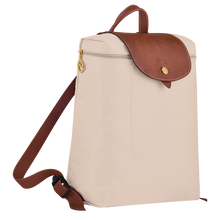 Load image into Gallery viewer, Longchamp Le Pliage Lid Medium Original Backpack in the color Paper with brown leather accents side view