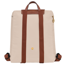 Load image into Gallery viewer, Longchamp Le Pliage Lid Medium Original Backpack in the color Paper with brown leather accents back view