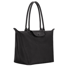 Load image into Gallery viewer, Longchamp Le Pliage One L Shoulder Bag Handbag black bag with matching black leather stripes and shoulder handles sideview to show width