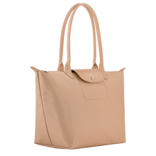 Load image into Gallery viewer, Longchamp Le Pliage One L Shoulder Bag Handbag beige bag with matching beige leather stripes and shoulder handles sideview to show width
