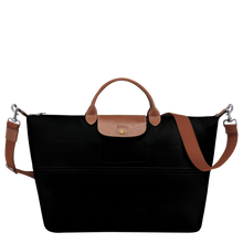 Load image into Gallery viewer, partly expanded Longchamp Le Pliage Original Travel Bag in Black canvas and brown leather