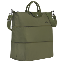 Load image into Gallery viewer, Fully expanded Longchamp Le Pliage Green Travel Bag Expandable in Forest green
