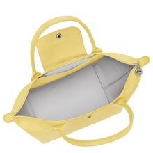 Load image into Gallery viewer, yellow bag with matching yellow leather center flap and shoulder straps showing white interior