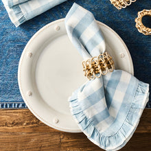 Load image into Gallery viewer, Juliska Gingham Ruffle Napkin ocean in a napkin ring on a berry and thread plate