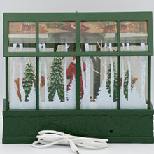 Load image into Gallery viewer, back of LED Lighted Swirl Greenhouse with Santa, Reindeer and Cardinals with charger
