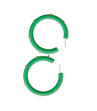 Load image into Gallery viewer, Green hoop earrings with small gold studs, shown on a plain white background.