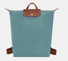 Load image into Gallery viewer, Longchamp Le Pliage Original Backpack in blue green with brown leather trimming
