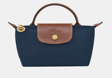 Load image into Gallery viewer, navy blue bag with leather trimming and and gold accents