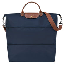 Load image into Gallery viewer, Longchamp Le Pliage Original Travel Bag fully Expandable in Navy with brown leather accents