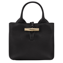 Load image into Gallery viewer, black handbag with top handles and gold hardware