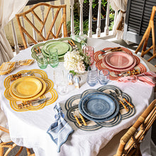 Load image into Gallery viewer, Juliska Berry & Thread Melamine place settings in four colors on a set table