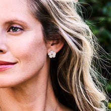 Load image into Gallery viewer, woman wearing mother of pearl flower shaped earrings