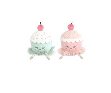 Load image into Gallery viewer, Two plush cupcake toys side by side on a white background. The left cupcake is mint green with a white frosting top, multicolored sprinkles, and a pink cherry on top.