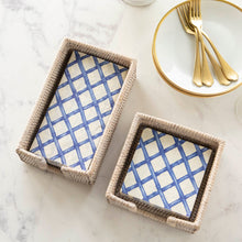 Load image into Gallery viewer, Hester & Cook Blue Lattice Paper Napkins in two sizes in napkin boxes