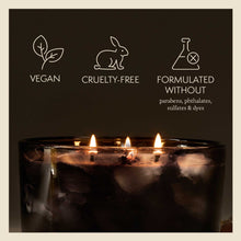 Load image into Gallery viewer, lit candles with text reads vegan cruelty free formulated without parabens phthalates sulfates & dyes