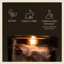 Load image into Gallery viewer, lit candles with text reads vegan cruelty free formulated without parabens phthalates sulfates & dyes
