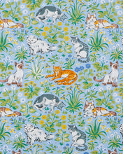Load image into Gallery viewer, Detail shot of Printfresh Must Love Cats Back to Bed Night Gown showing cat print pattern in cornflower blue