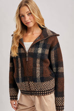 Load image into Gallery viewer, person wearing the Plaid Fuzzy Knit Sweater Jacket in shades of mocha