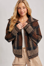 Load image into Gallery viewer, person wearing the Plaid Fuzzy Knit Sweater Jacket in shades of mocha