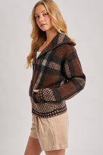 Load image into Gallery viewer, person wearing the Plaid Fuzzy Knit Sweater Jacket in shades of mocha
