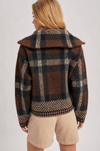 Load image into Gallery viewer, person wearing the Plaid Fuzzy Knit Sweater Jacket in shades of mocha back view with wide collar