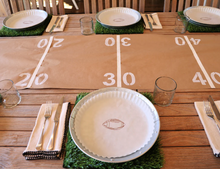 Load image into Gallery viewer, Plate & Pattern Touchdown Preformed Plate Liners on a football themed table