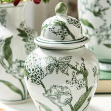 Load image into Gallery viewer, close up Green and white ginger jar to show butterfly design