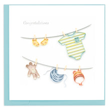 Load image into Gallery viewer, Quilled Baby Clothesline Greeting Card text reads Congratulations