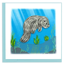 Load image into Gallery viewer, card with quilled manatee underwater