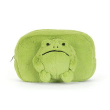 Load image into Gallery viewer, Front view of Jellycat Ricky Rain Frog Pouch in lime-green plush, featuring a frog with black eyes, a downturned mouth, and little arms and feet.