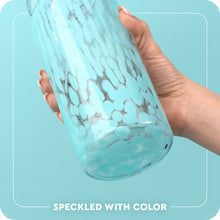 Load image into Gallery viewer, glass cup with lid and straw graphic with text speckled with color