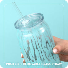 Load image into Gallery viewer, glass cup with lit and straw graphic with text push lid + removable glass straw