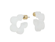 Load image into Gallery viewer, Pair of white hoop earrings with gold accents on a white background