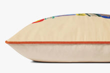 Load image into Gallery viewer, close up of tan cloth and orange piping along the edge of the pillow