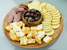 Load image into Gallery viewer, Round Acacia Wood Plate with crackers and cheese