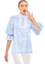 Load image into Gallery viewer, Gretchen Scott Designs Ruffleneck Tunic - Circle of Love - Periwinkle/White