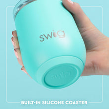 Load image into Gallery viewer, Swig Stemless Wine Cup 12oz with text Built in silicone coaster