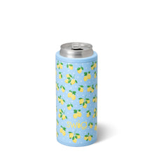 Load image into Gallery viewer, Swig Lemon Meringue Skinny Can Cooler holding a can with light blue with yellow lemons