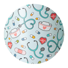 Load image into Gallery viewer, close up of scrub life pattern, stethoscope nurses hat, pills, and bandaids
