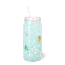Load image into Gallery viewer, glass up with lit and straw - glass is speckled blue with colorful sea creatures