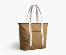 Load image into Gallery viewer, Rifle Paper Ditsy Dahlia Canvas Carry All - brown canvas bag with white handles printed with floral design