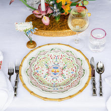 Load image into Gallery viewer, Place setting with Juliska Sofia Dessert/Salad Plate dinner plate and bamboo charger