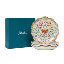 Load image into Gallery viewer, Juliska Sofia Side/Cocktail Plate Set/4 - Multi stacked next to gift box