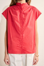 Load image into Gallery viewer, Red Scallop Trim Ric Rac Short Sleeve Shirt scallop along the neckline and sleeved