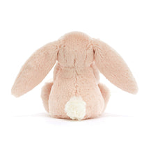 Load image into Gallery viewer, Jellycat Bashful Blush Bunny Soother with the blanket rolled and tied with a bow back view showing white tail