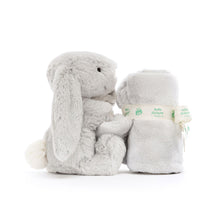 Load image into Gallery viewer, Jellycat Bashful Silver Grey Bunny Soother with rolled and folded blankie tied with a bow side view showing white tail