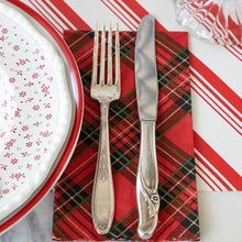 Load image into Gallery viewer, red and white diagonal striped paper table runner with plaid napkins
